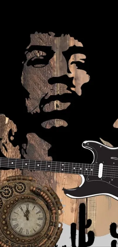 Retro music wallpaper with guitar and iconic silhouette on wood background.