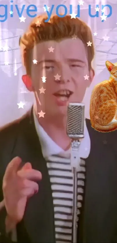 Retro singer with a cat and stars on a mobile wallpaper.