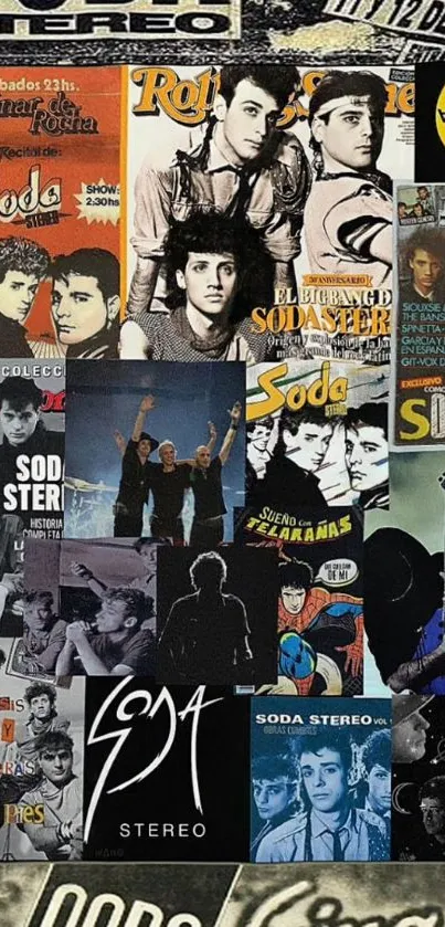 Vintage rock band collage wallpaper featuring retro music posters.