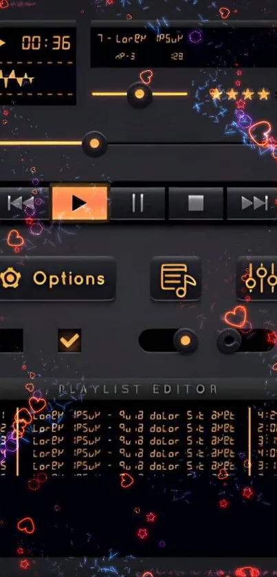 Retro music player wallpaper with neon elements and playlist editor.