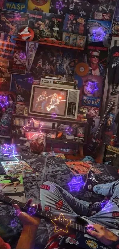 Retro music room with posters and guitar in dark tones.