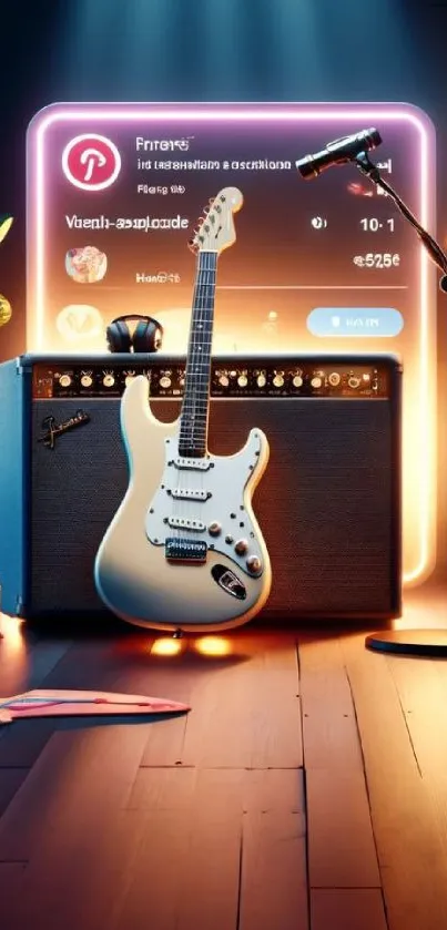 Retro music scene with guitar and amplifier on stage.