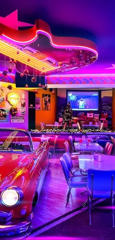 Colorful retro diner with neon lights and classic car.