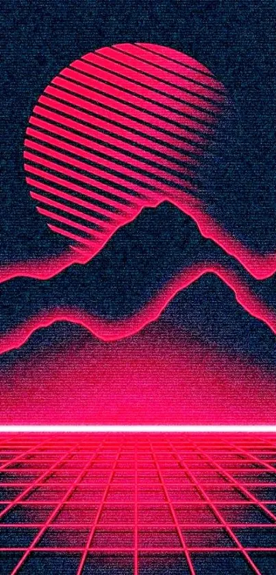 Retro neon wallpaper with pink sun and grid.