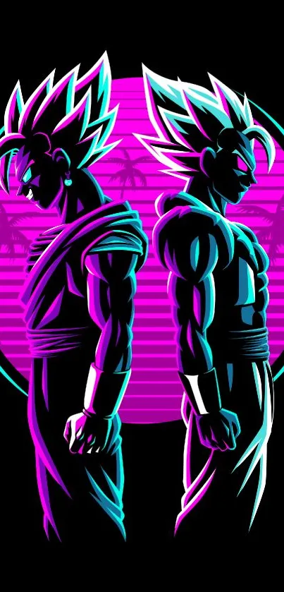 Two anime characters in neon style against a vibrant purple and black background.