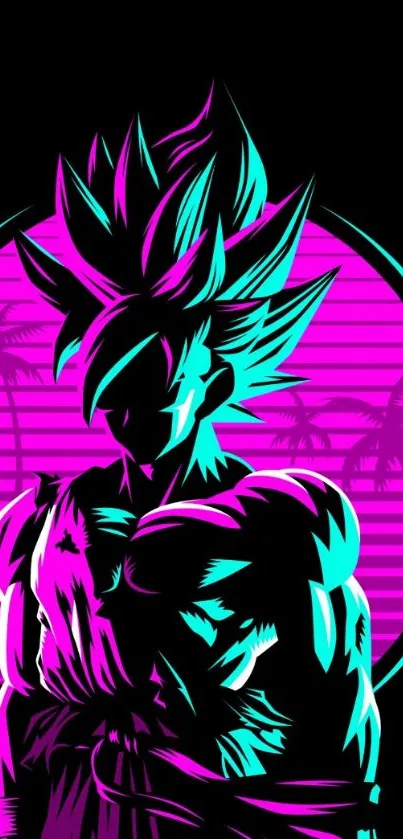 Neon anime character in retro style with vibrant pink and blue accents on a dark background.