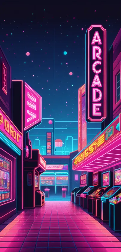 Retro neon arcade alley with vibrant signs.