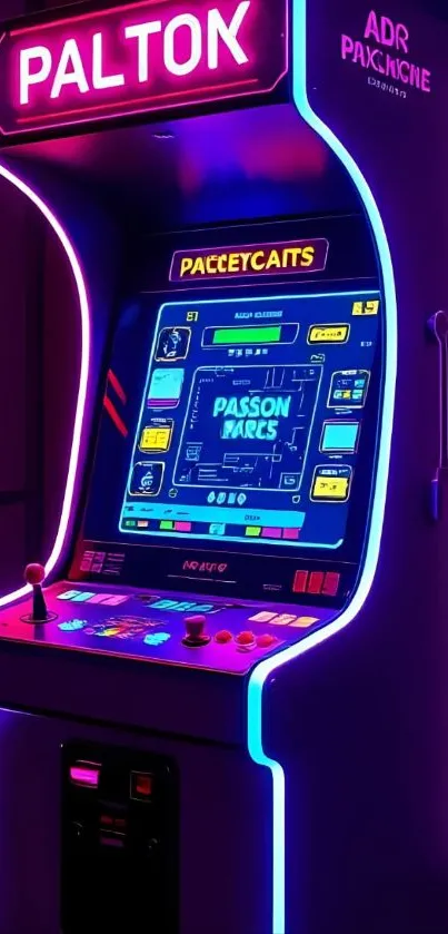 Neon-lit retro arcade machine with vibrant colors.