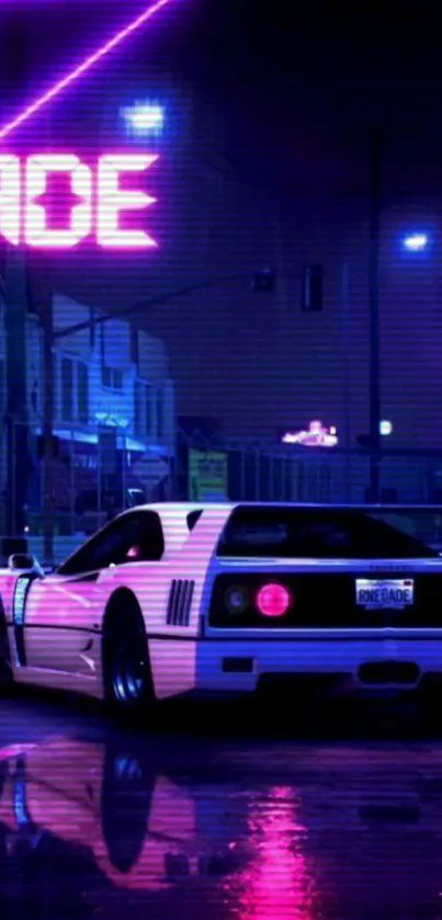 Retro car with neon pink lights in urban night scene.