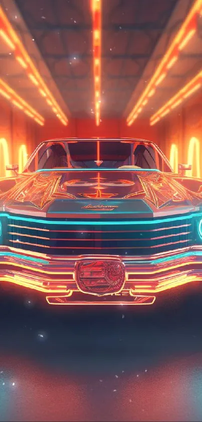 Retro car in neon lights featuring vivid orange glow.