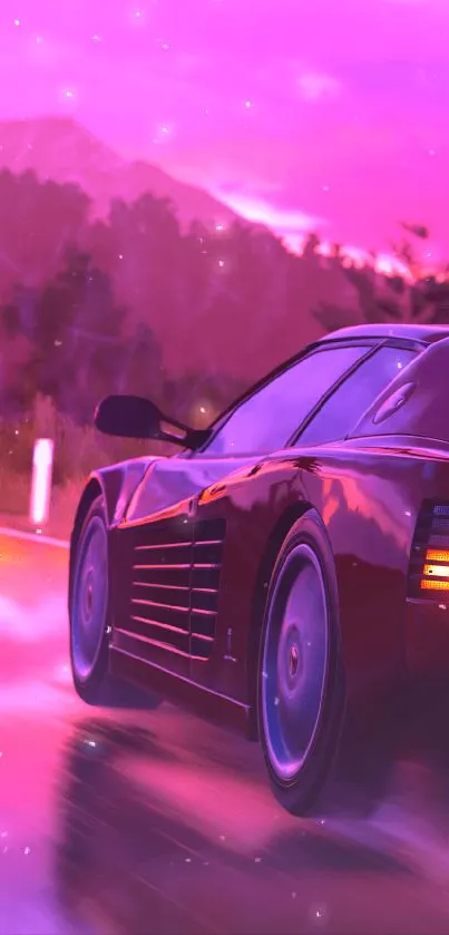 Retro car with neon colors driving in a pink and purple landscape.