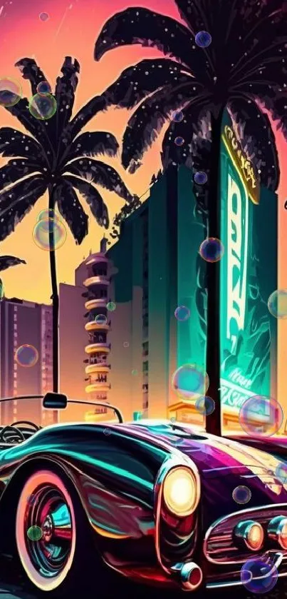 Neon retro car with palm trees and cityscape background.