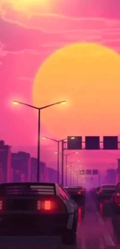 Retro neon cityscape with cars at sunset, pink sky.