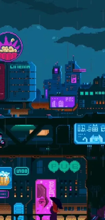 Vibrant neon cityscape with futuristic architecture in a retro pixel art design.