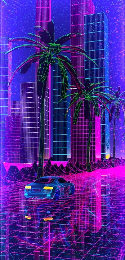 Neon retro-futuristic cityscape with palm trees and a purple sunset.