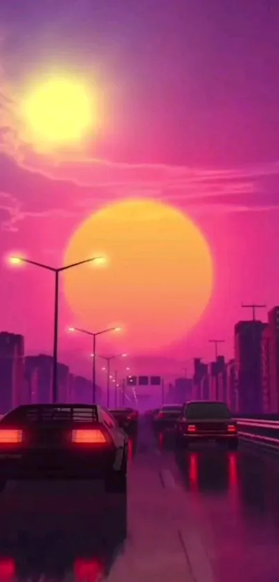 Retro futuristic neon cityscape with vibrant sunset and skyline.