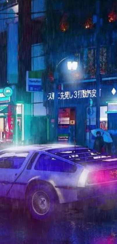 Retro neon cityscape with vintage car in rainy night.