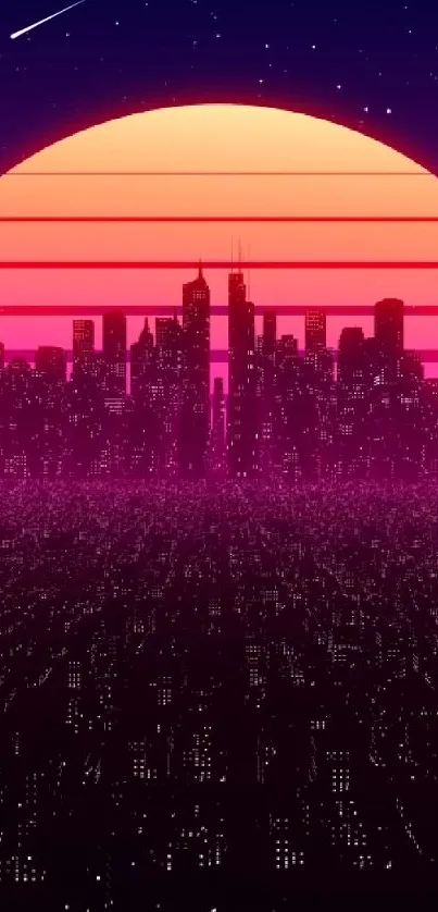 Retro neon cityscape with sunset background.