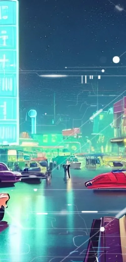 Retro neon cityscape with classic cars at night in vibrant colors.