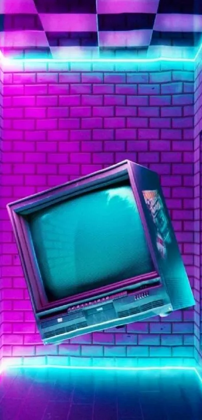 Vibrant retro wallpaper with neon lights and a floating CRT television.
