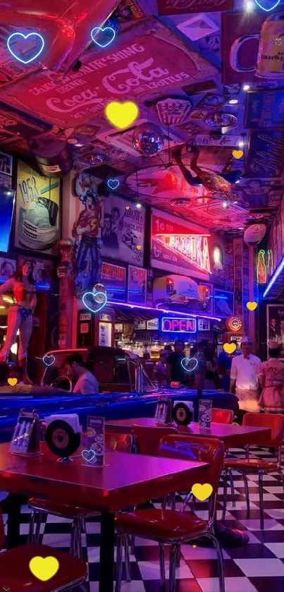 Colorful retro diner with neon lights and vintage decor creating vibrant vibes.