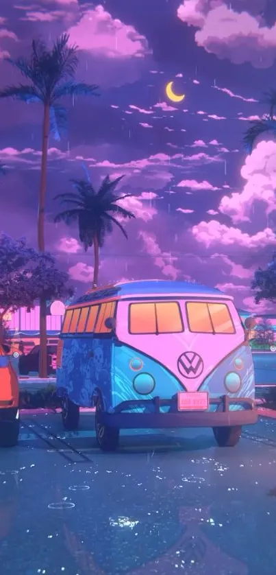 Colorful retro van parked under a moonlit sky with palm trees and vibrant colors.