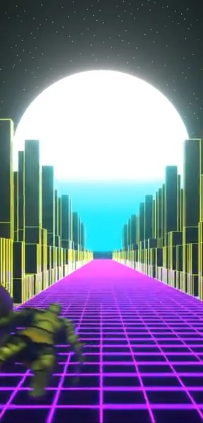 Retro neon futuristic landscape with grid path and city skyline.