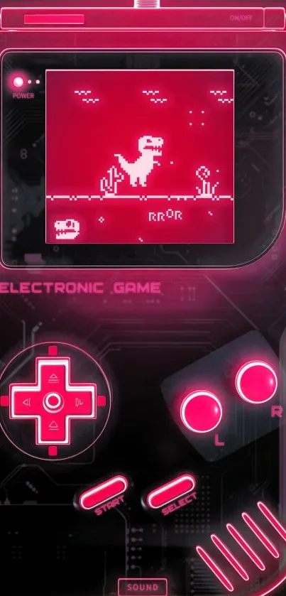 Neon pink retro gaming console wallpaper with dinosaur game display.