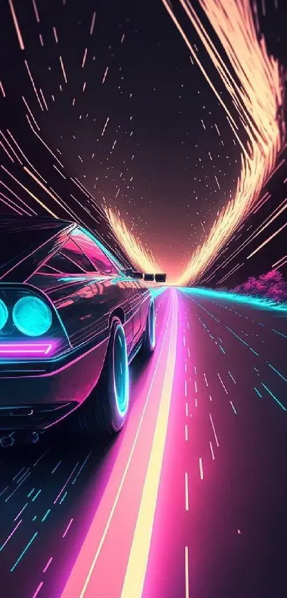 Retro futuristic car with neon lights on a glowing highway at night.