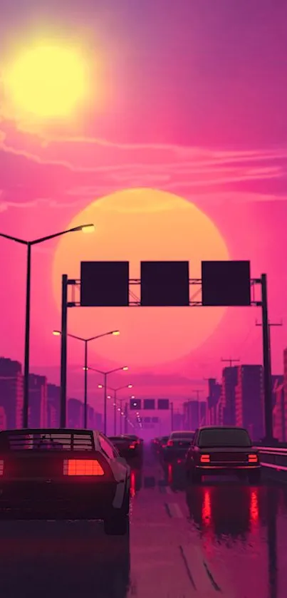 Vibrant retro highway scene with neon sunset and city skyline.