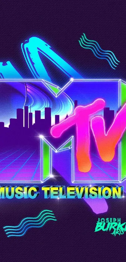 Retro neon MTV wallpaper with vibrant colors and cityscape design.