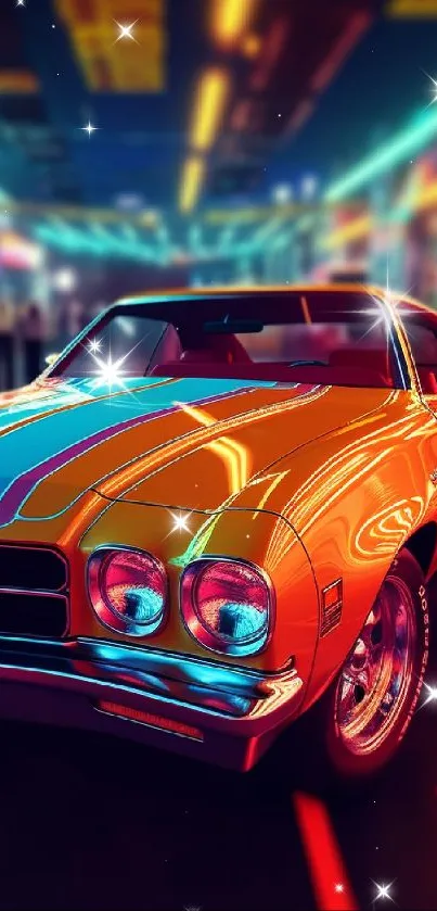 Vibrant retro car with neon lights glowing on the street in a colorful scene.