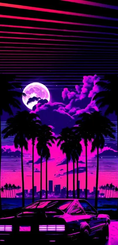 Neon retro car with palm trees under a glowing moon in a vibrant cityscape.
