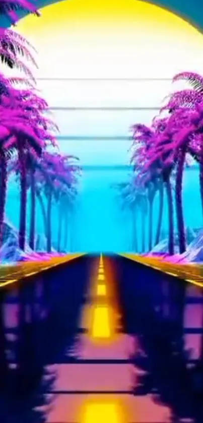 Vibrant neon road with purple palms against a glowing sunset.