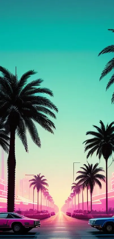 Retro neon palm street with vintage cars and vibrant colors.
