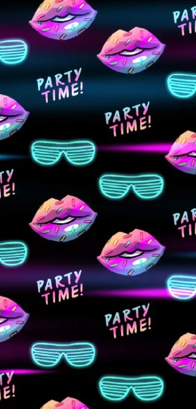 Neon party wallpaper with lips and sunglasses on a black background.