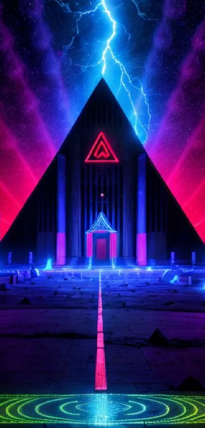 Retro neon pyramid wallpaper with lightning and vibrant colors.