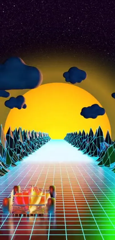 Retro neon road with sunset and polygonal trees.