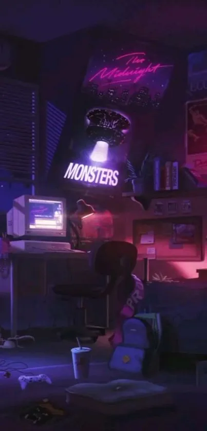 Neon-lit retro room with vintage decor and nostalgic 80s tech setup.