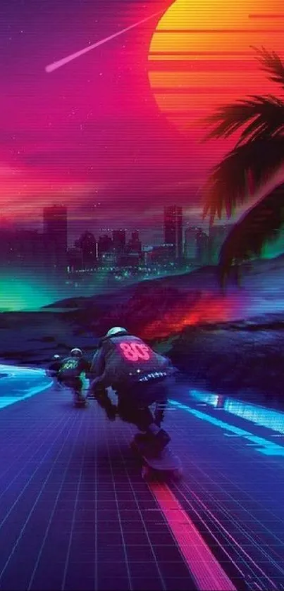 Vibrant retro neon skaters glide under a futuristic sunset.