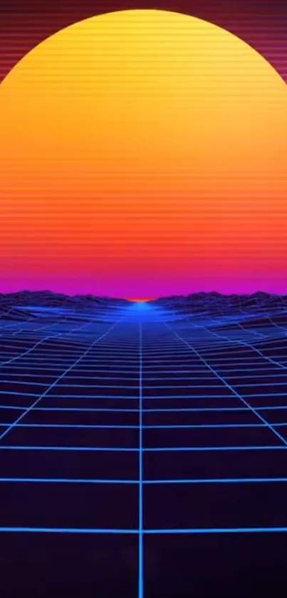 Retro neon wallpaper with sunset and gridlines for mobile background.