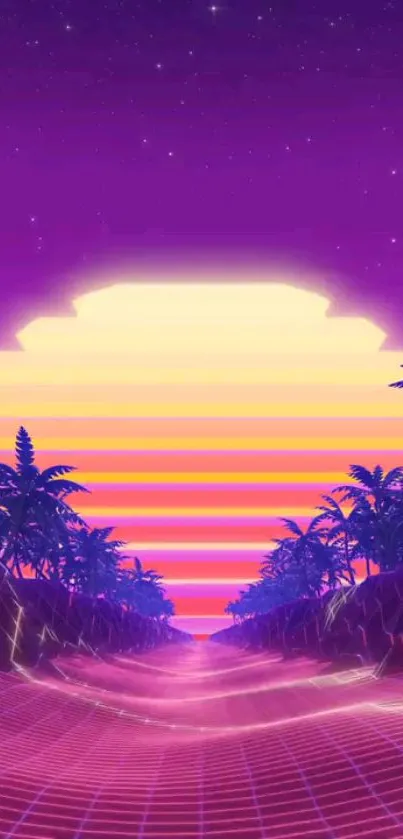 Retro neon sunset with palm trees and grid pathway design.