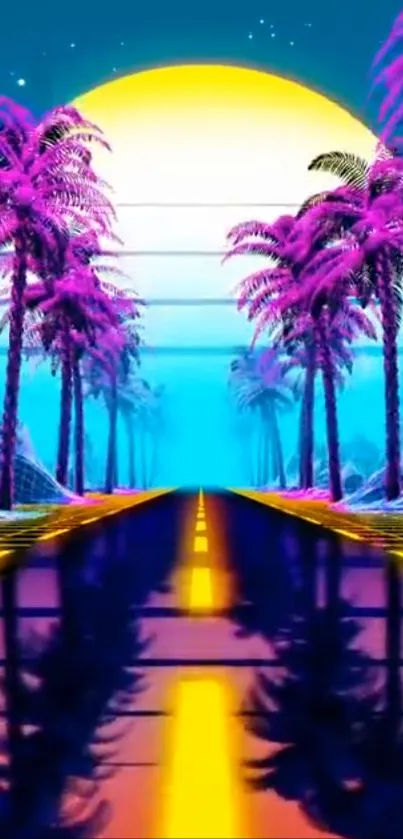 Neon sunset road with vibrant colors and palm trees in retro style.