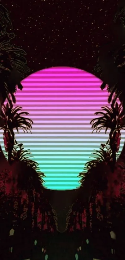 Neon retro sunset with palm trees in a vibrant futuristic style background.