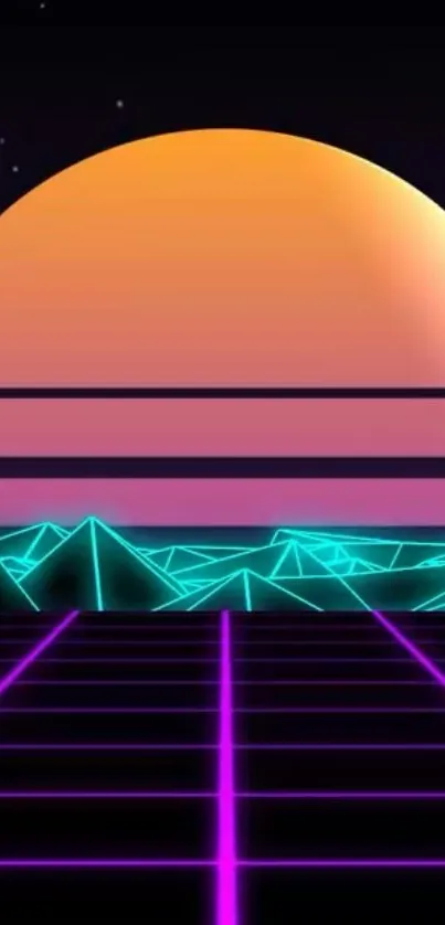 Retro neon sunset with digital landscape in vibrant colors.