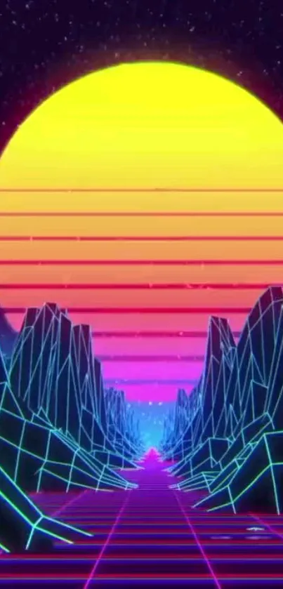 Retro neon sunset with synthwave grid landscape.