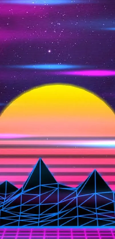 Retro neon sunset with geometric landscape.