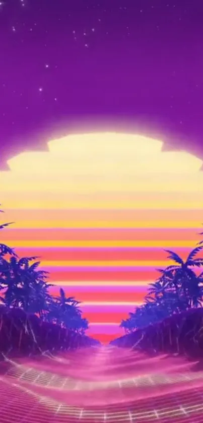 Retro neon sunset wallpaper with vibrant colors and palm trees.