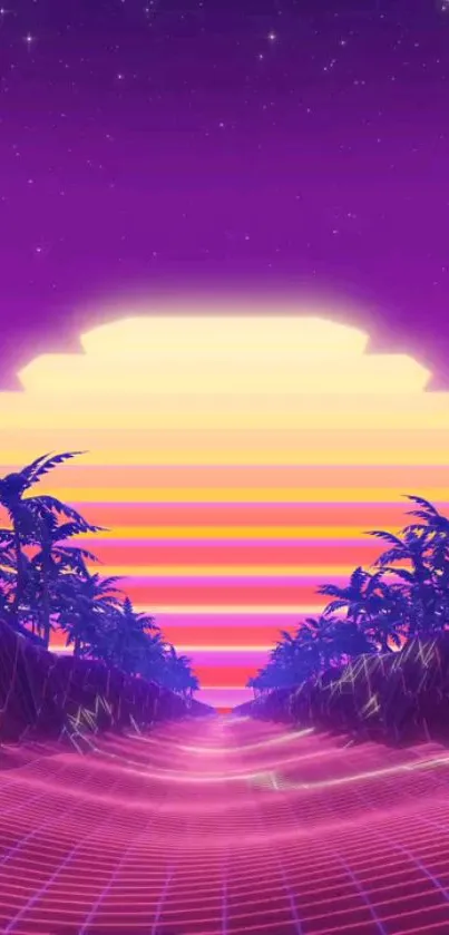 Retro neon tropical sunset with palm trees and vibrant purple and pink hues.