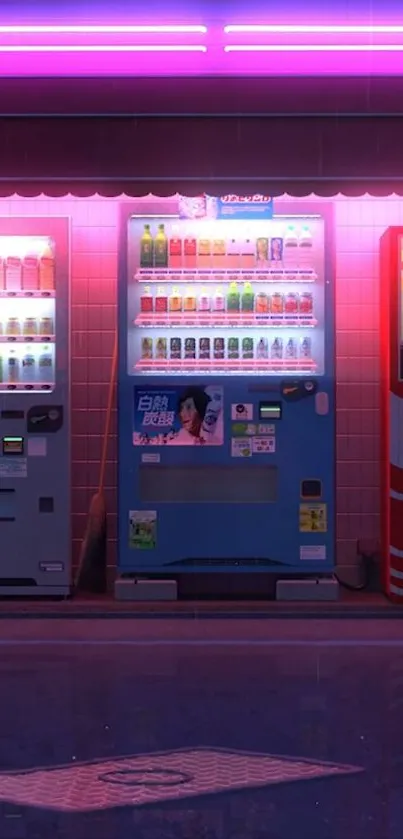 Neon-lit vending machines under pink lighting.